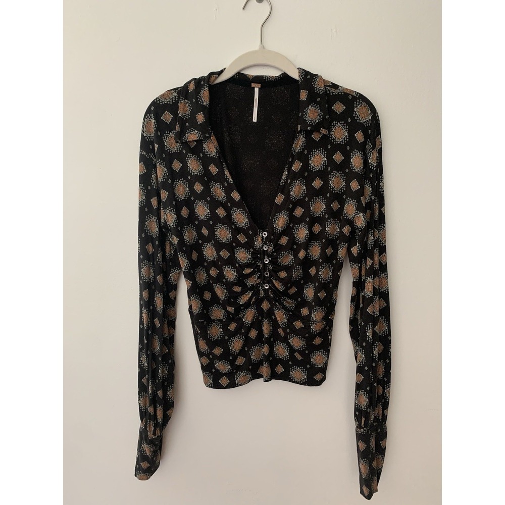 Free People Sydney Print Ruched Pullover Blouse S 70s Inspired Boho Hippie Cozy